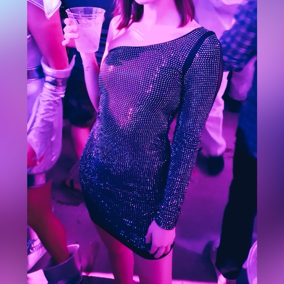 bebe Dresses & Skirts - Bebe Black Rhinestone and Mesh One-Shoulder Bodycon Dress